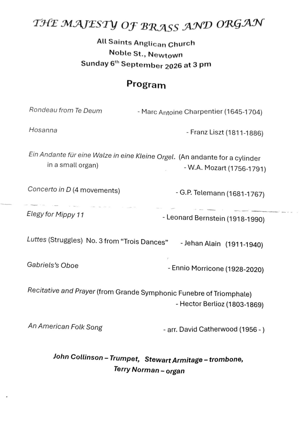 Concert program for The Majesty of Brass and Organ, All Saints Anglican Church, 6 September 2026