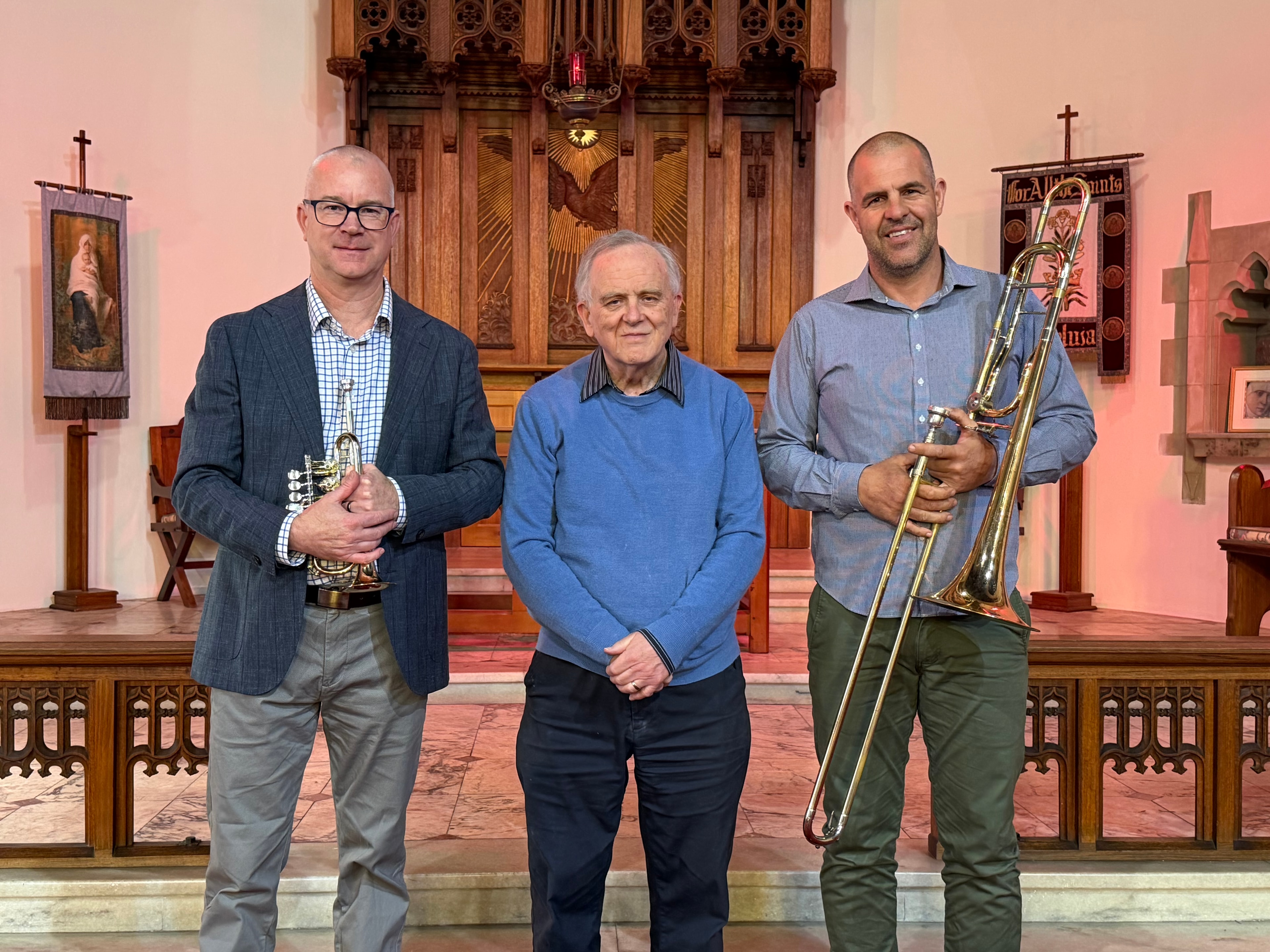 John Collinson (trumpet), Terry Norman (organ) and Stewart Armitage (trombone) at All Saints Anglican Church, 6 September 2026